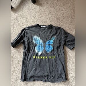 Graphic Tee with Blue Butterfly and Text